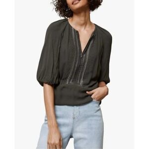 Mint Velvet Khaki Green Beaded V Neck Zip Front Blouse Shirt Top Size Small